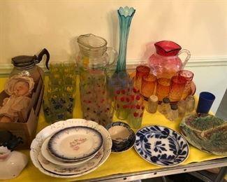 Cranberry Glass Pitcher, Glasses & Underplate, Vintage Juice Glasses