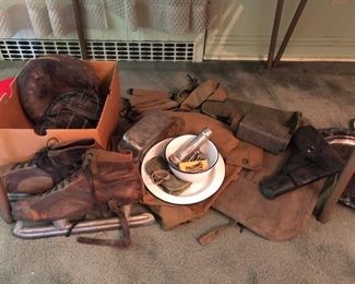 Old Catcher's Mitt & Mask, Vintage Skates, Military & Boy Scouts Bags