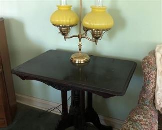 Antique Table, 2 Arm Student Lamp w/ Yellow Ribbed Shades