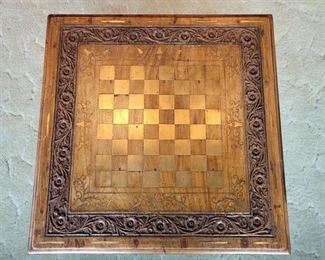 Carved Chess Table w Brass Inlay & Onyx Checkers