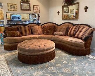 Rachlin Classics Grace Traditional 3Piece Sofa Sectional with ottoman. Traditional style with a curved camelback shape, this sofa is perfectly suited for conversation and is dripping in elegance. 
190in w x 45in h x 43in d