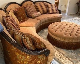 Rachlin Classics Grace Traditional 3Piece Sofa Sectional with ottoman. Traditional style with a curved camelback shape, this sofa is perfectly suited for conversation and is dripping in elegance. 
190in w x 45in h x 43in d