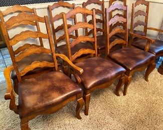 (8) Country French Ladderback Dining Chairs with Padded Leather Seats.  
High end and high style, this set includes 6 side chairs and 2 armchairs.