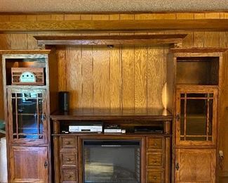 Wall Storage Unit (Elec Fireplace Piece not incl).  Top piece is 6ft across, each side is 24in across x 17in deep x 73in tall, total across 111in. this set is just for the storage unit pieces, not the fireplace media stand.