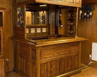 Impressive Oak Home Pub Bar with Brass Rail & Column, Stained Glass Panel, decorative touches galore.