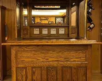 Impressive Oak Home Pub Bar with Brass Rail & Column, Stained Glass Panel, decorative touches galore.