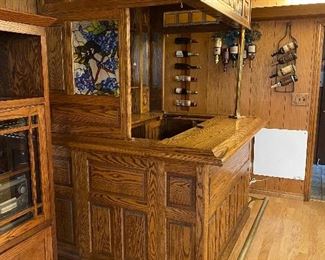 Impressive Oak Home Pub Bar with Brass Rail & Column, Stained Glass Panel, decorative touches galore.
