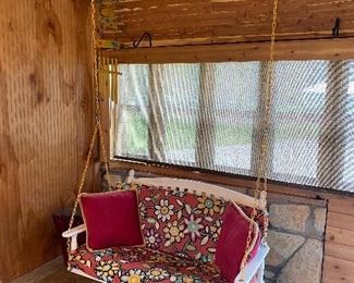 Slatted Wood Porch Swing with Cushions
Measures 46in across 25in deep
