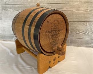 Wooden Barrel Wine Keg Dispenser on Stand is 14in long x 11in diameter