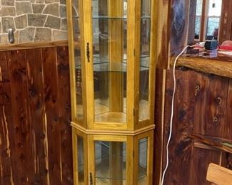 Tall Lighted Oak Corner Curio Cabinet
