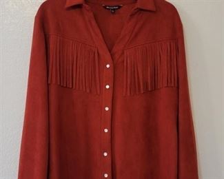 Red Fringed Western Style Shirt Jacket with Opalescent Buttons by Red Apple, Size L