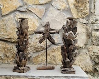 (3) Rustic Driftwood Decor, 2 Candlesticks & Star. Candlesticks stand 17in, star stands 16in