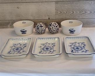 (7) RoyalChina Blue & White Serving Dishes include Three 12in casseroles, 2 bowls, and a salt and pepper
