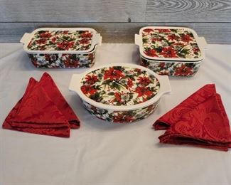 (3) Holiday Bakeware Covered Ceramic Casseroles plus 4 red Christmas napkins