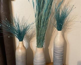 (3) Southwestern Pottery Vases with Faux Grass