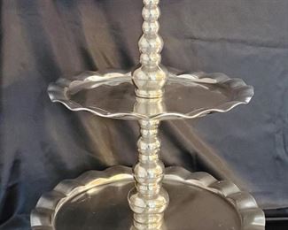 3 Tier Polished Silver Aluminum Tray Stand is 25in t and 17in widest diameter