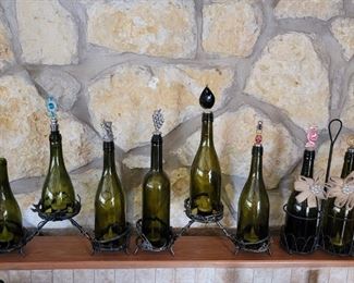 (3) Wine Racks w Decorative Bottles & Stoppers
