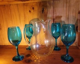 Glass Pitcher w Gold Dot & 4 Turquoise Goblet