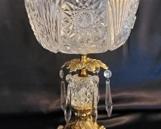 Vintage Crystal & Brass Pedestal Bowl w Prisms Stands 12in t