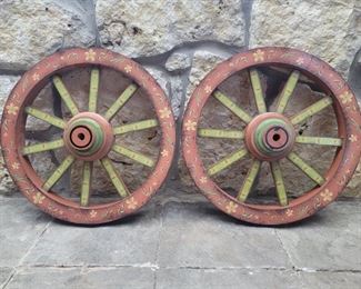 (2) Country Folk Art Painted Wagon Wheels, Each with 19in diameter