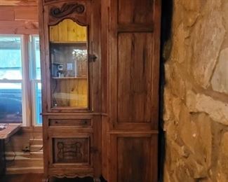 Unique Corner Pine Lighted 2 Curio Cabinet Unit is 90in tall, 43in corner to corner in front, 17in d on side