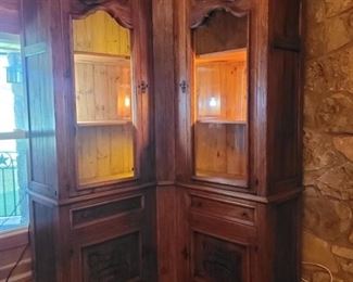 Unique Corner Pine Lighted 2 Curio Cabinet Unit is 90in tall, 43in corner to corner in front, 17in d on side