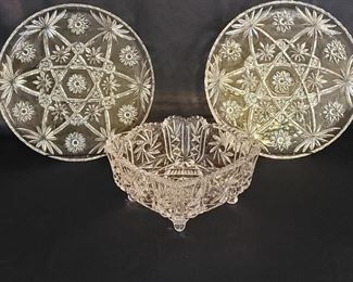 (2) Cut Crystal Serving Platters & (1) Square Bowl