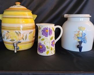 2 Painted Ceramic Drink Dispensers & a Pitcher