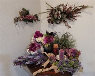 Lot of Faux & Dried Purple Flowers & Candles