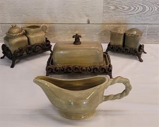 (9) Tuscan Countryside Earthenware Table Set.   Cream & Sugar on stand, Salt & Pepper on stand, Butter Dish, and Gravy Boat complete this sharp set