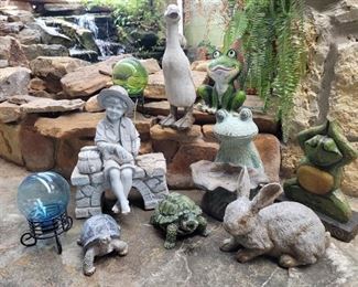 (9) Larger Garden Statues & Decor incl 1 Fountain  Bottom green turtle is a fountain