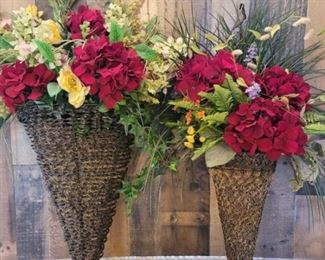 (2) Faux Floral Arrangements in Cone Shaped Rattan