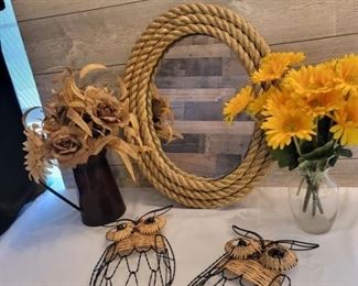 (5) Decor Rope Mirror, Straw Owls, Burlap Owls & An orange silk flower arrangement,  
Put together with a decorator's eye 
