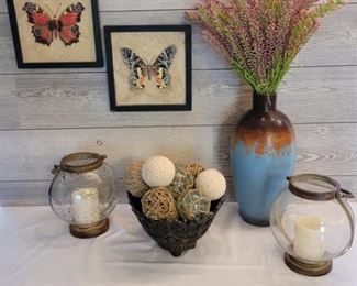 (6) Country Decor incl Framed Stone Butterflies,Tall Dried Flower Arrangement in Pottery Vase, 2 Rustic Globe Votive Candle Holders, and a Metal Basket with Orbs wrapped in Rope