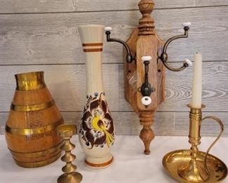 (5) Brass, Wood, & Ceramic Candlesticks, Vases, Coat Hooks