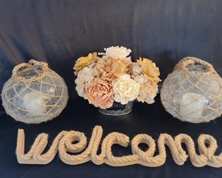 (4) Farmhouse Chic Decor 2 Hanging Votive Holders, a Rope Welcome Sign, and Faux Flower Arrangement