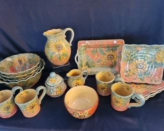 (16) Sunflower Painted Ceramic Dinnerware Set incl     1 platter, 1 pitcher, 4 plates, 4 cups, cream & sugar , 3- 9in bowls, 1- 12in bowl