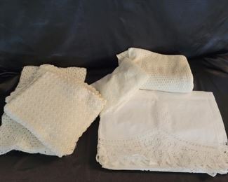 Lace Table Linens - Battenburg Lace Table Cloth, lace table runner, hand crocheted table runner, hand crocheted place mats, & cream machine crochet table cloth