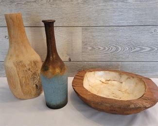 Rustic Wooden Bowl and 2 Vases