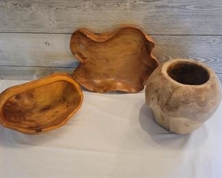 (2) Live Edge Wooden Bowls & a Rustic Wooden Vase