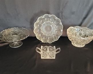 (4) Crystal Cake Stand, Centerpiece Bowl, Square Handled Bowl, and Serving Bowl