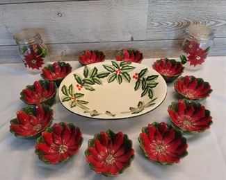 Hand painted Holly bowl.  11 small poinsettia dishes. Berry Bowl Set