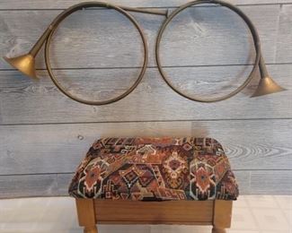 Vintage Stool w 2 Brass Horns