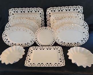 Maison Blanc White Porcelain w Open Lace Edges incl: 2- rectangular 16in, 2-rectangular 14in (1 corner repaired), 1- rectangular, 2- oval 14in, 2- oval 12in, 1- rd 8in, 2-8in scalloped
