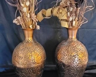 (2) Copper Punched Urn Style Vases w Dried Floral