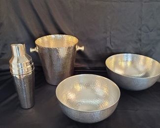 Laquered SP Forever Lovely & Beautiful Barware, and 2- hammered chip bowls
