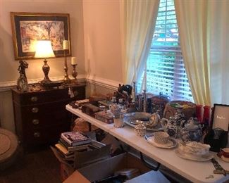 Pottery, china, glassware, teapots, teacups, handsome chest, lamps, framed art, great books new and old, and more!