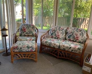 Rattan Loveseat and Chair with Ottoman, Cast Iron Bird Feeder 