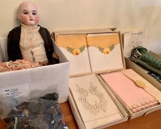 Armand Marseilles Doll, New Old Stock Linens, Vintage Knitting Set, Vintage/Antique Buttons