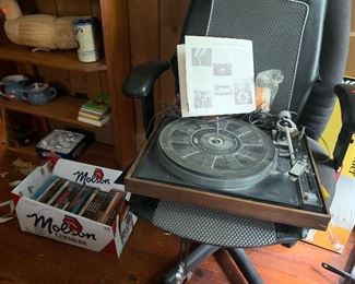 Vintage BIC Turntable with Manual, DVDs, Decoy Ducks, Studio Pottery, Office Chair
